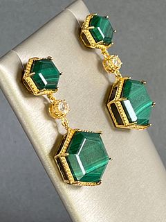 Pair of Malachite Dangle Earrings with CZ Accent