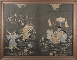 Framed Chinese Silk Embroidered Panel "Dancing in the Landscape", 19th Century