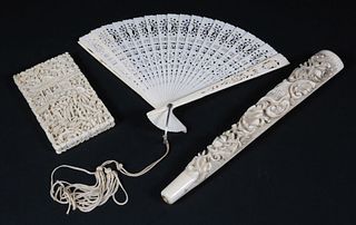 Collection of Carved Chinese Export Bone Fan, Card Case and Umbrella Handle