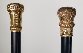 Two Antique Gold Filled Crown Presentation Walking Sticks, 19th Century