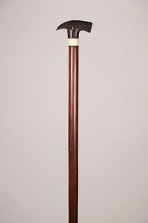 American Carved Ebony "Carpenter's Hammer Grip" Walking Stick, 19th Century