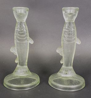 Pair of Glass Figural Fish Candlestick Holders, 20th century