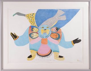 Francoise Oklaga Limited Edition Lithograph "Four Inuit Catch Walrus", circa 1982