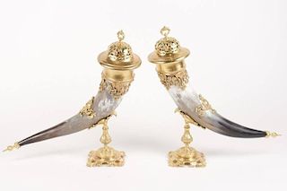 Pair of Decorative Gilt Metal Mounted Horns