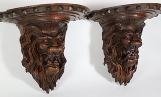 Pair of Antique Gothic Carved Wood Lion Face Brackets