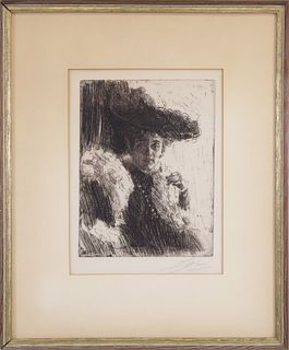 Anders Zorn Etching "Portrait Mrs. Henry Spies Kip Wearing a Hat", circa 1904