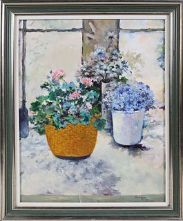 Peter Guarino Oil on Canvas "Flowers in a Basket and Jars"