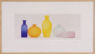 Robin Logan Signed Lithograph "Colorful Glass Bottles Still Life"