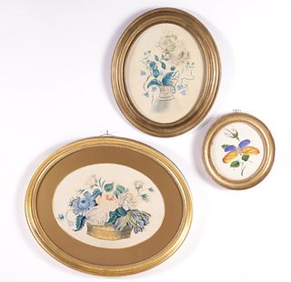 Collection of 3 Oval Watercolors on Paper "Botanical Still Lifes", circa 1840