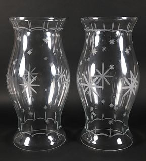 Pair of Etched Clear Colorless Glass Hurricane Shades