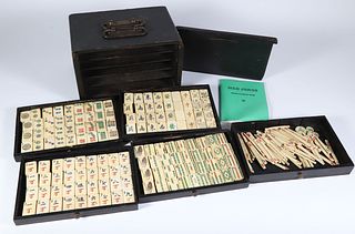 Antique Mahjong Set in Pine Fitted Five-Drawer Box