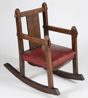 Child's Arts and Crafts Oak Rocker with Padded Red Leather Seat