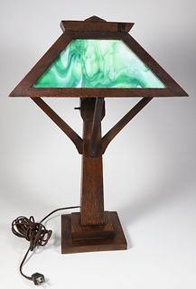 Arts and Crafts Mission Oak and Green Slag Glass Table Lamp
