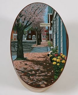 Harriet Mottes Finely Painted Cherry Shaker Box "Blossomed Cherry Trees on South Water Street, Nantucket"