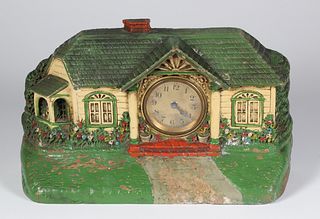 Waterbury Connecticut Clock Housed in a Composition Polychrome Cottage