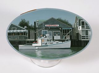 Harriet Mottes Finely Painted Cherry Shaker Box "Straight Wharf Fish Market, Nantucket"