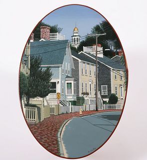 Harriet Mottes Finely Painted Cherry Shaker Box "Union Street, Nantucket"