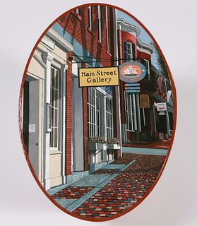 Harriet Mottes Finely Painted Cherry Shaker Box "Main Street Gallery, Nantucket"