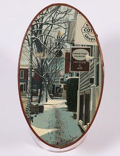 Harriet Mottes Finely Painted Nantucket Scene on a Cherry Shaker Box "Centre Street at Main"