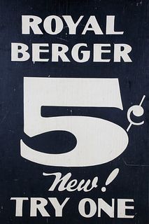 Vintage Framed Wood Sign "Royal Berger 5 Cent New! Try One"