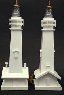 Pair of White Lacquered Wood Lighthouse Table Lamps