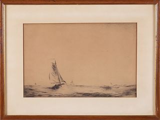 Vintage Framed Etching "Sailboat in Choppy Sea"