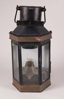 19th Century Ship's Lantern with Wooden Bail Handle