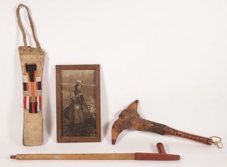 Antique Mohawk Root Club for the Souvenir Trade and Pipe, Photograph and Beaded Pipe Bag