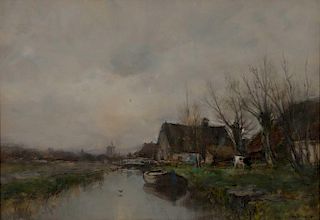 CHARLES PAUL GRUPPE, (American, 1860-1940), French Homestead with River and Cattle