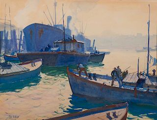 JOHN WHORF, (American, 1903-1959), Harbor with Steamships