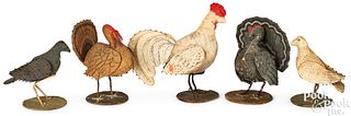 Five fabric and wire bird pin cushions, ca. 1900