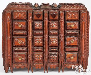 Large carved tramp art jewel chest, late 19th c.