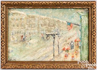 Miniature oil on artist board snowy cityscape