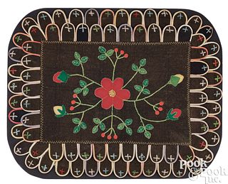 Felt appliqué floral table rug, ca. 1900