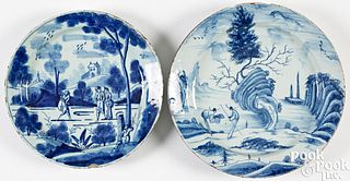 Two English Delftware landscape chargers