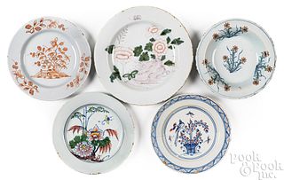 Five English delftware plates and shallow bowls