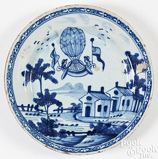 English delftware ballooning plate, 18th c.