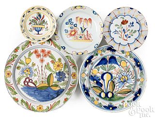 Two Dutch Delftware polychrome chargers, etc.