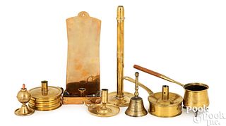 Two English brass tinder box candle holders