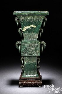 Chinese carved spinach jade urn, hardwood stand