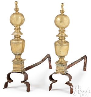 Pair of Dutch brass and wrought iron andirons