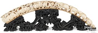 Chinese carved ivory tusk with wooden stand