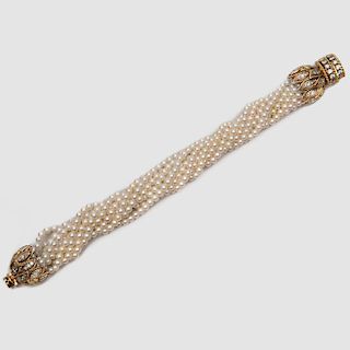 14K Yellow Gold, Pearl, and Diamond Bracelet