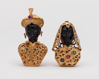 Pair 18K Yellow Gold, Carved Onyx, and Gemset Blackamoor Brooches