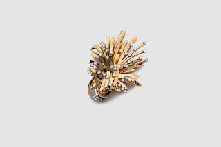 French 18K Yellow Gold, Platinum, and Diamond Brooch
