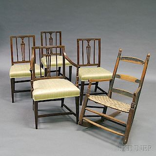 Four George III Oak Dining Chairs and a Black-painted Ladder-back Armrocker