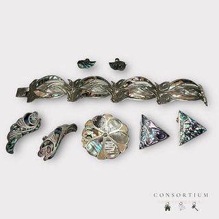 Group of Mexican Sterling, Silver-Tone, Abalone Shell Jewelry