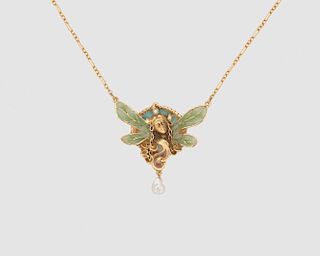 14K Yellow Gold, Plique-a-jour, Pearl, and Diamond Necklace