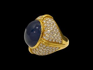 Exquisite BVLGARI Over 25 TCW Blue Sapphire and Diamond Ring in 18K Yellow Gold Size 7