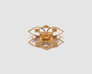 14K Yellow Gold, Citrine, and Pearl Brooch